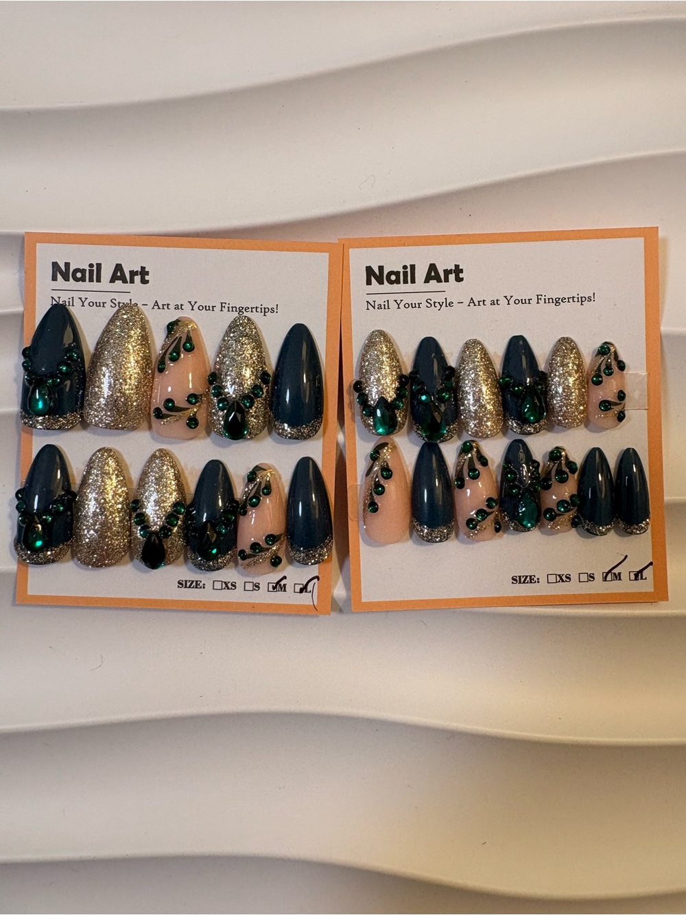 Dark Teal, Gold & Nude Jeweled Press-On Nails